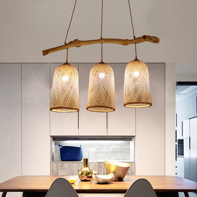 3개의 머리의 라탄 Pendant 라이트, 레스토랑 Bambu Woven 램프 3500K