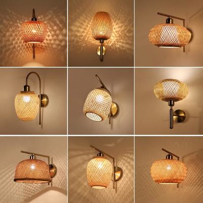 둥근 Bambu Wicker Rattan Wall Sconce 3500K 실내 욕실용